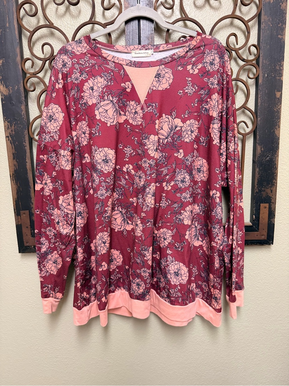 Southern StitchFloral Cozy Pullover Botique Sweatshirt - Pink/Maroon - Picture 2 of 5